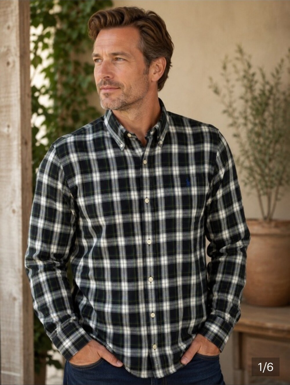 Ralph Lauren Black & White Plaid Button-Down Shirt Embroidered Logo